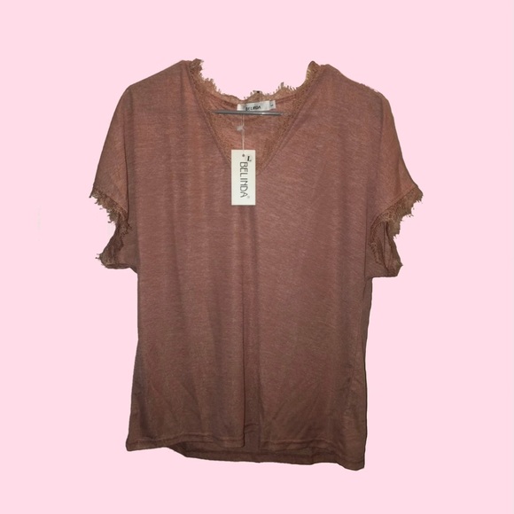 Belinda Tops - Belinda Womens Mauve Pink Lace Trim V-Neck Short Sleeve Top NWT Size L